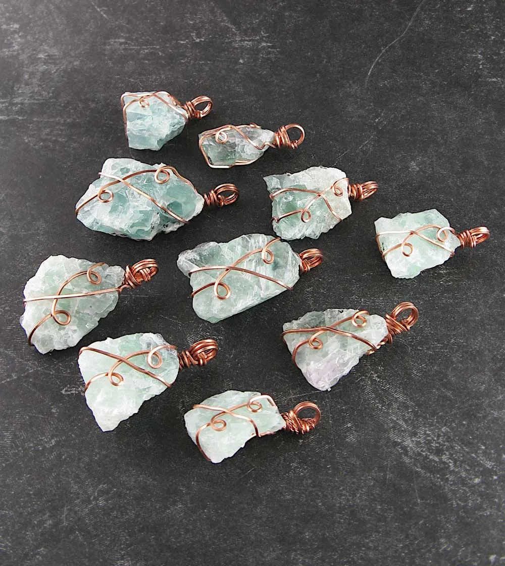 Raw Fluorite Crystal Pendant, Copper Wire-Wrapped, with 20 Chain, Handmade