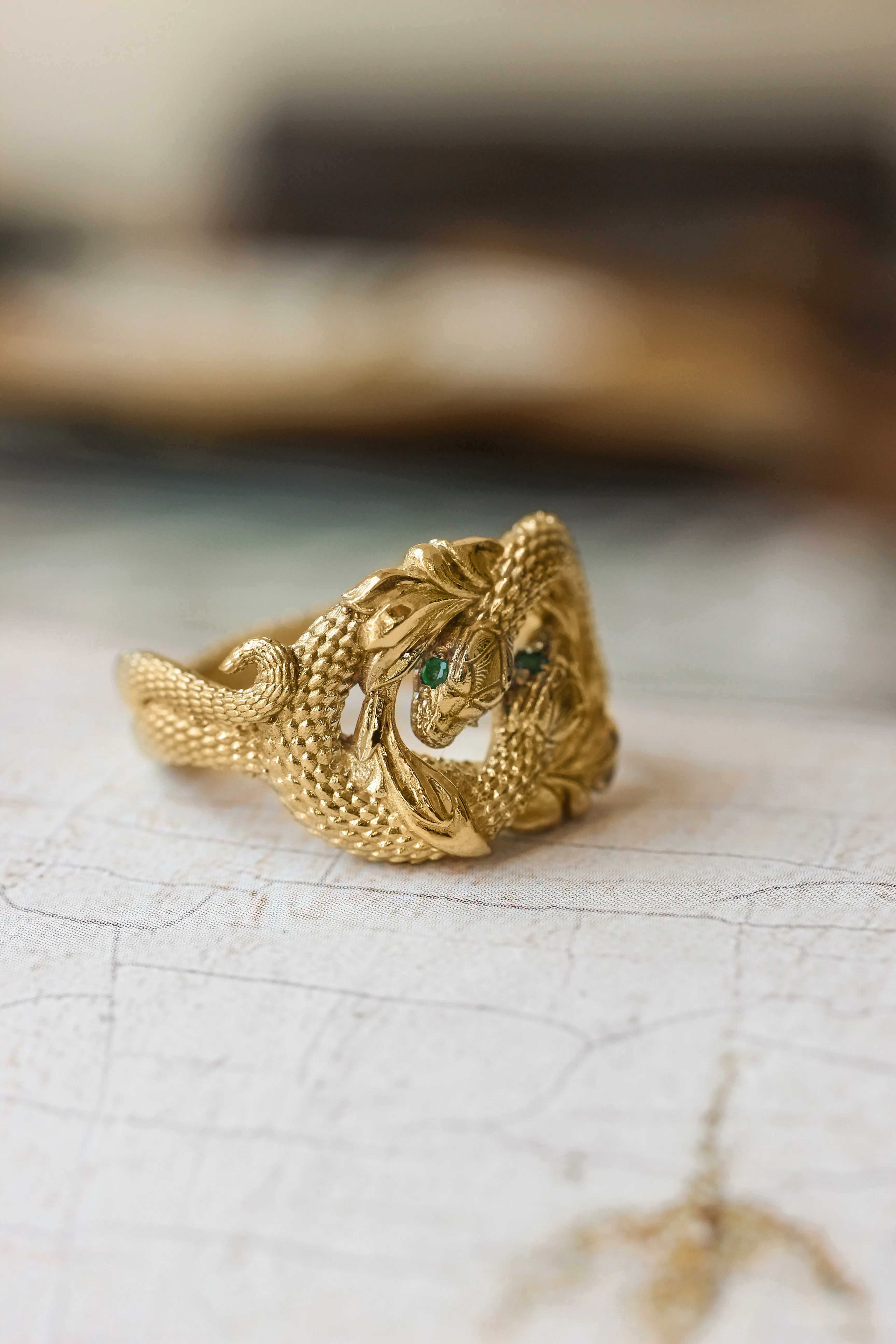 READY TO SHIP: Ring of Barahir in 14K yellow gold, natural emeralds, RING SIZE - 8 US