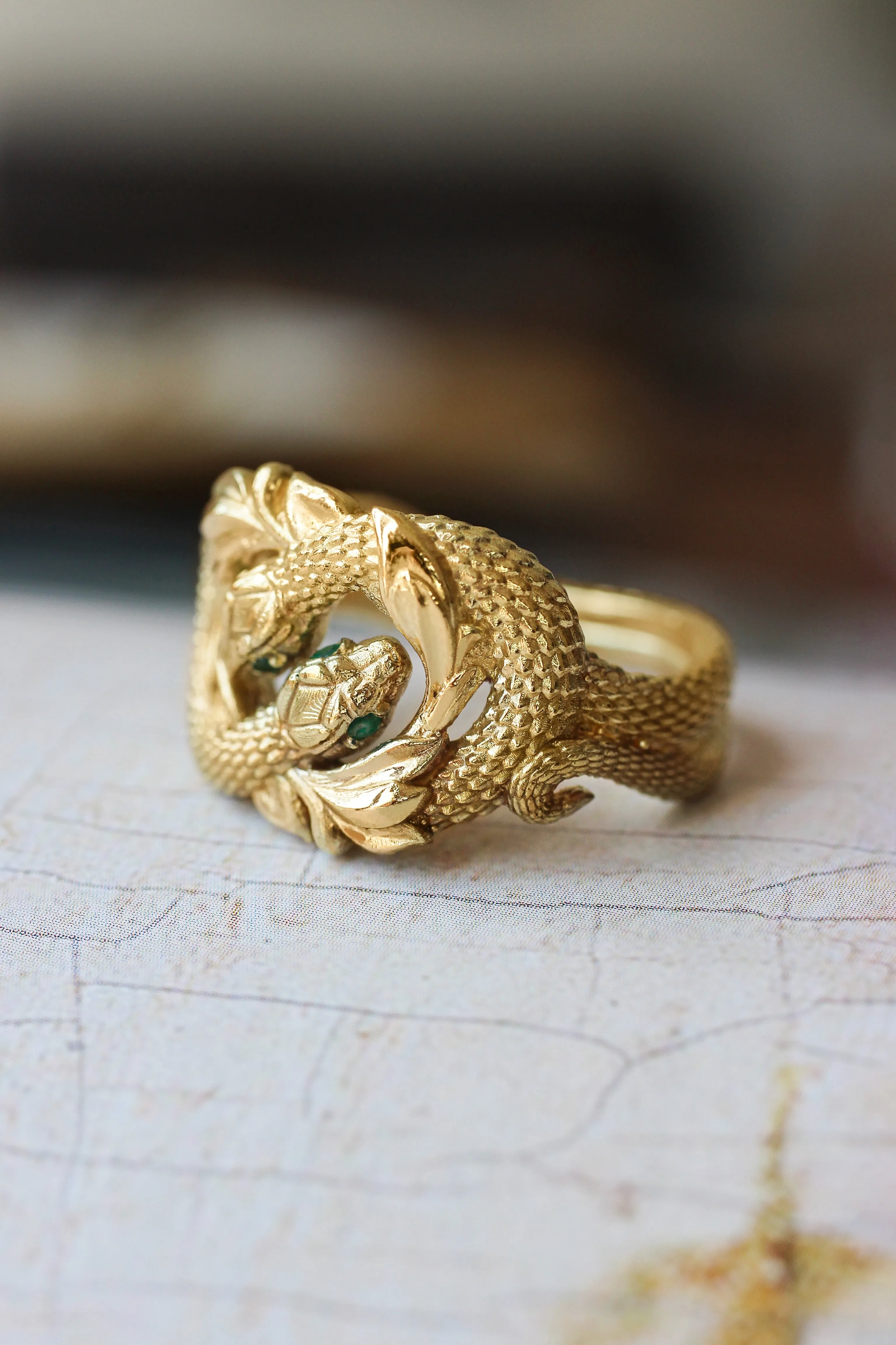 READY TO SHIP: Ring of Barahir in 14K yellow gold, natural emeralds, RING SIZE - 8 US