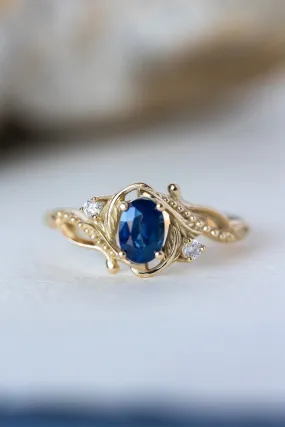 READY TO SHIP: Undina ring in 14K yellow gold, natural blue sapphire oval cut 7x5 mm, accent moissanites, AVAILABLE RING SIZES: 6-8US