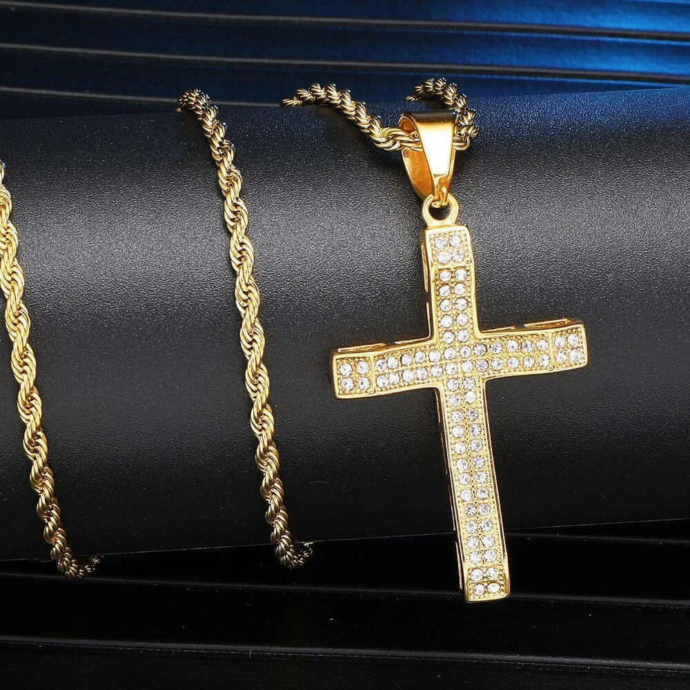 Rhinestone-Studded Cross Bling Stainless Steel Hip-hop Pendant Necklace