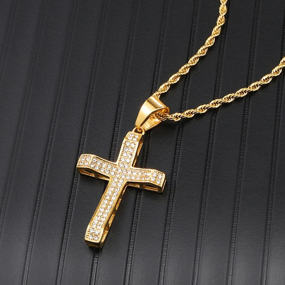 Rhinestone-Studded Cross Bling Stainless Steel Hip-hop Pendant Necklace