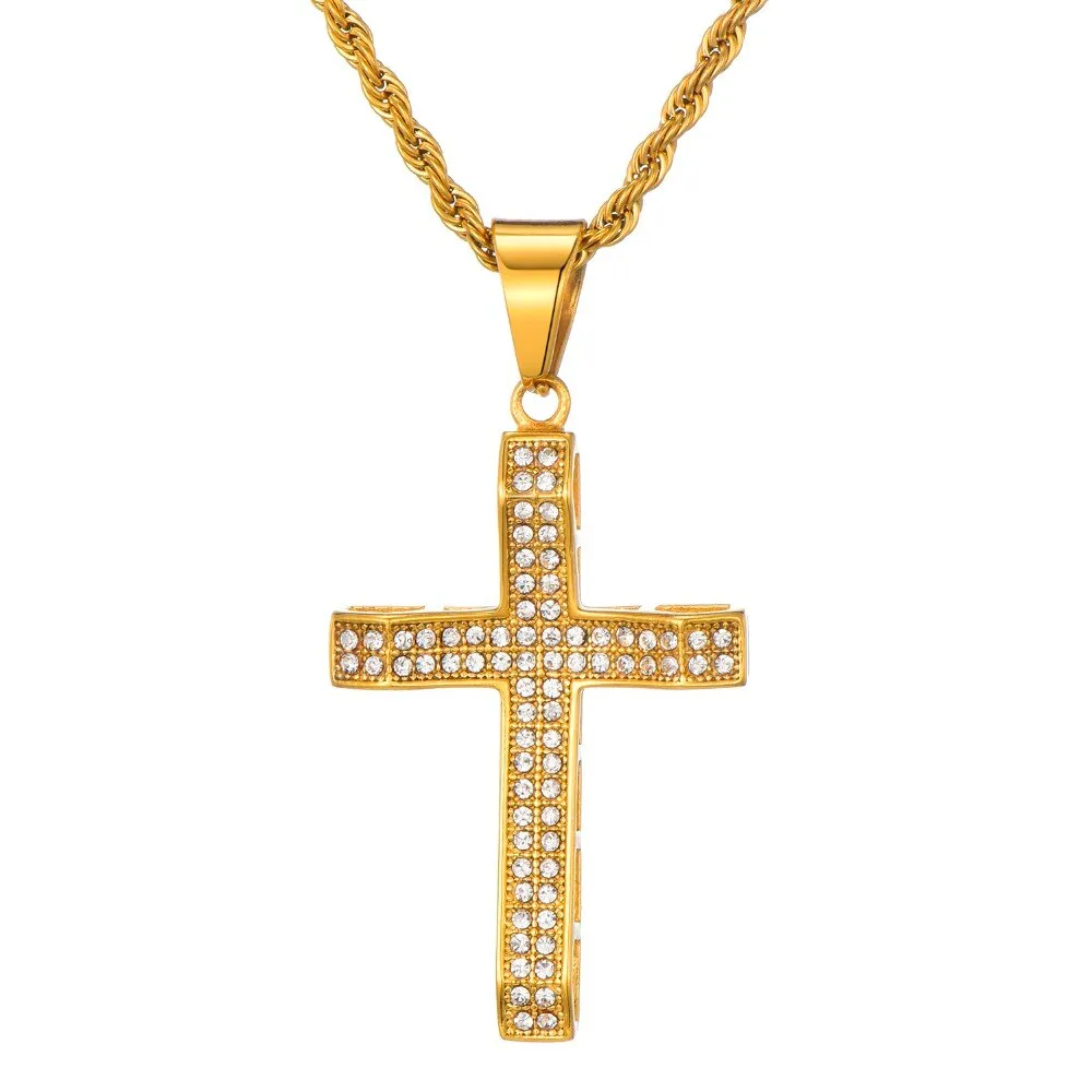 Rhinestone-Studded Cross Bling Stainless Steel Hip-hop Pendant Necklace