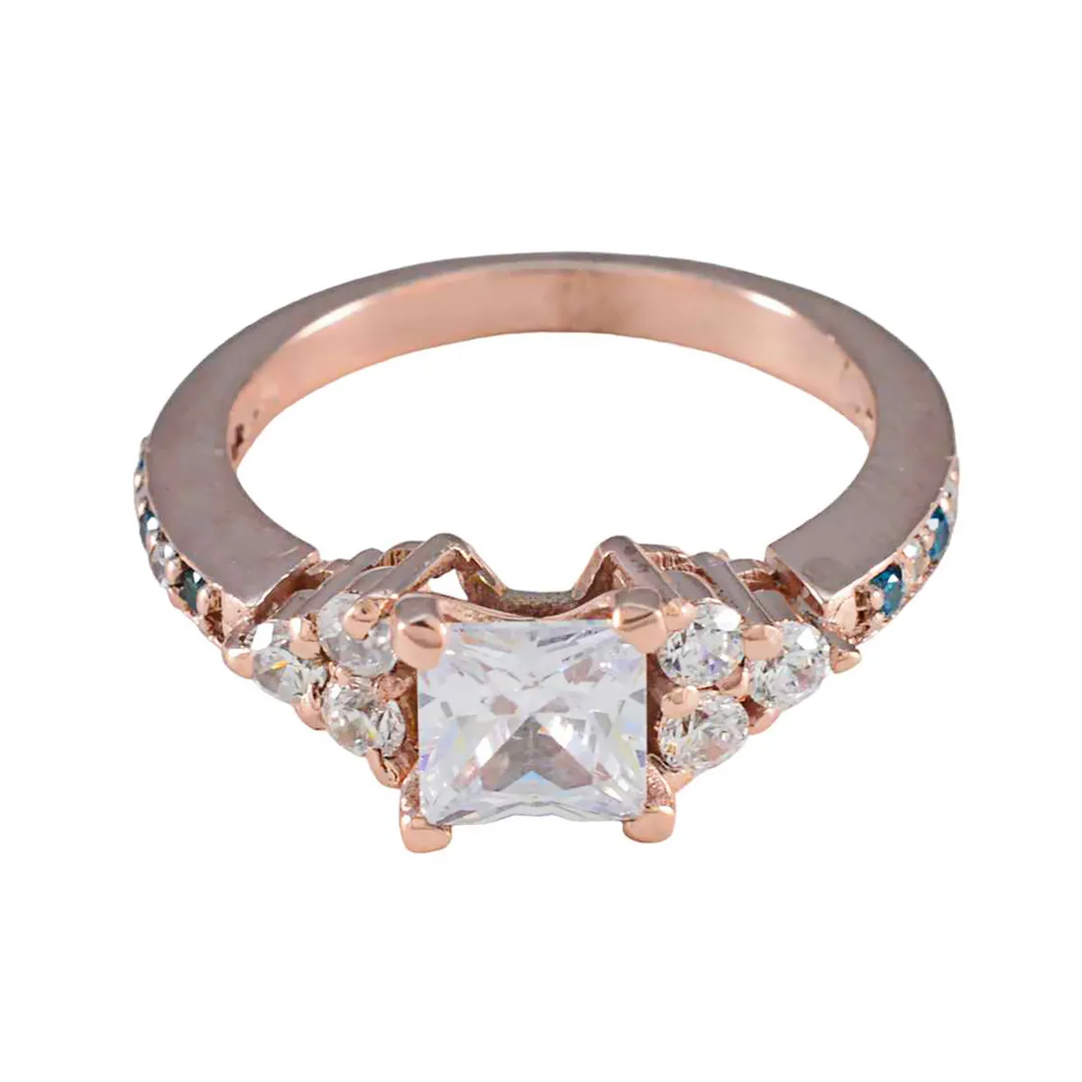 Riyo Bulk Silver Ring With Rose Gold Plating Blue Topaz CZ Stone square Shape Prong Setting Bridal Jewelry Easter Ring