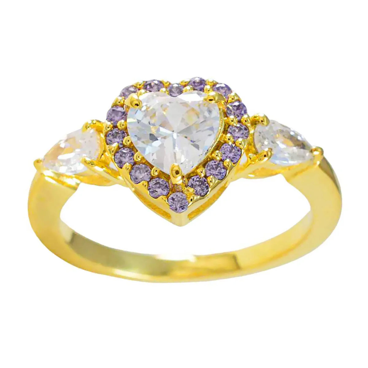 Riyo Dazzling Silver Ring With Yellow Gold Plating Amethyst Stone Heart Shape Prong Setting Jewelry New Year Ring