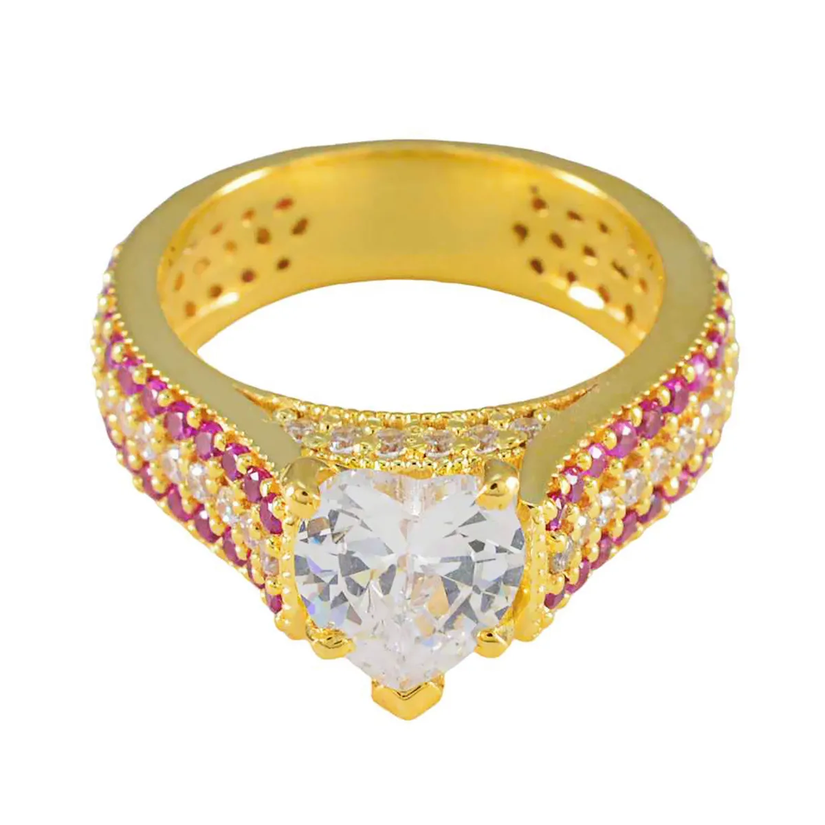 Riyo Designer Silver Ring With Yellow Gold Plating Ruby CZ Stone Round Shape Prong Setting Ring