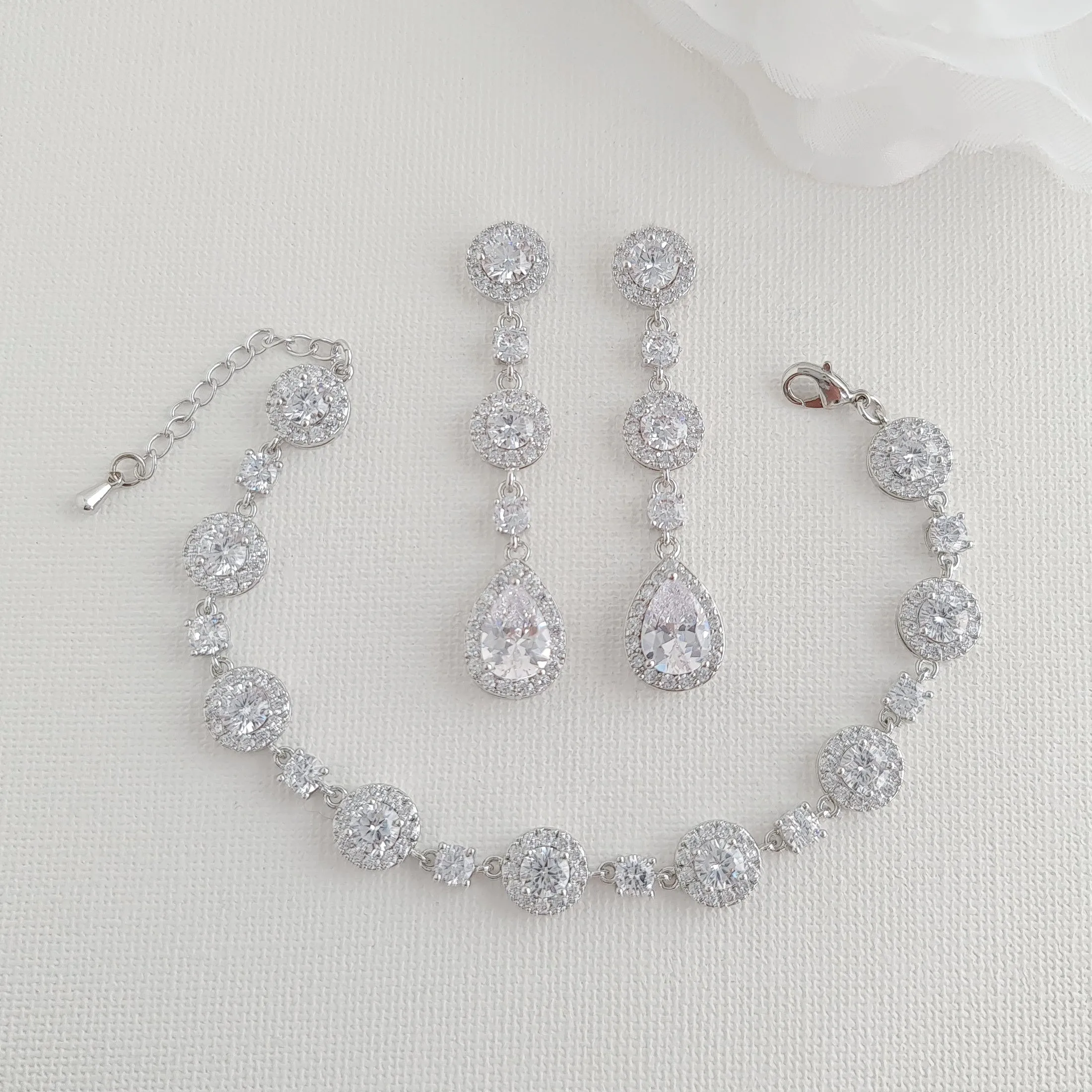 Round Crystal Earrings and Bracelet Set in Gold for Brides-Reagan