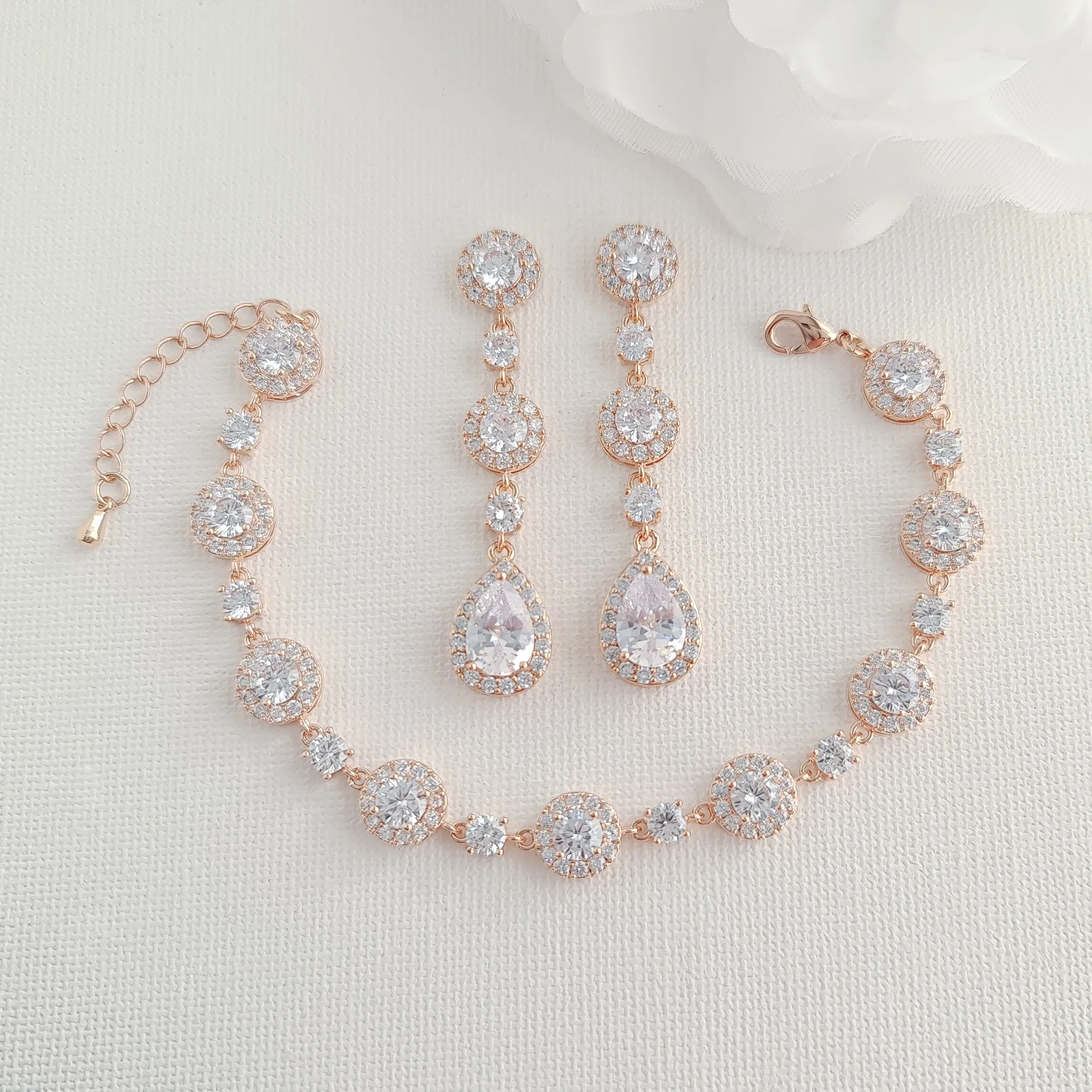 Round Crystal Earrings and Bracelet Set in Gold for Brides-Reagan