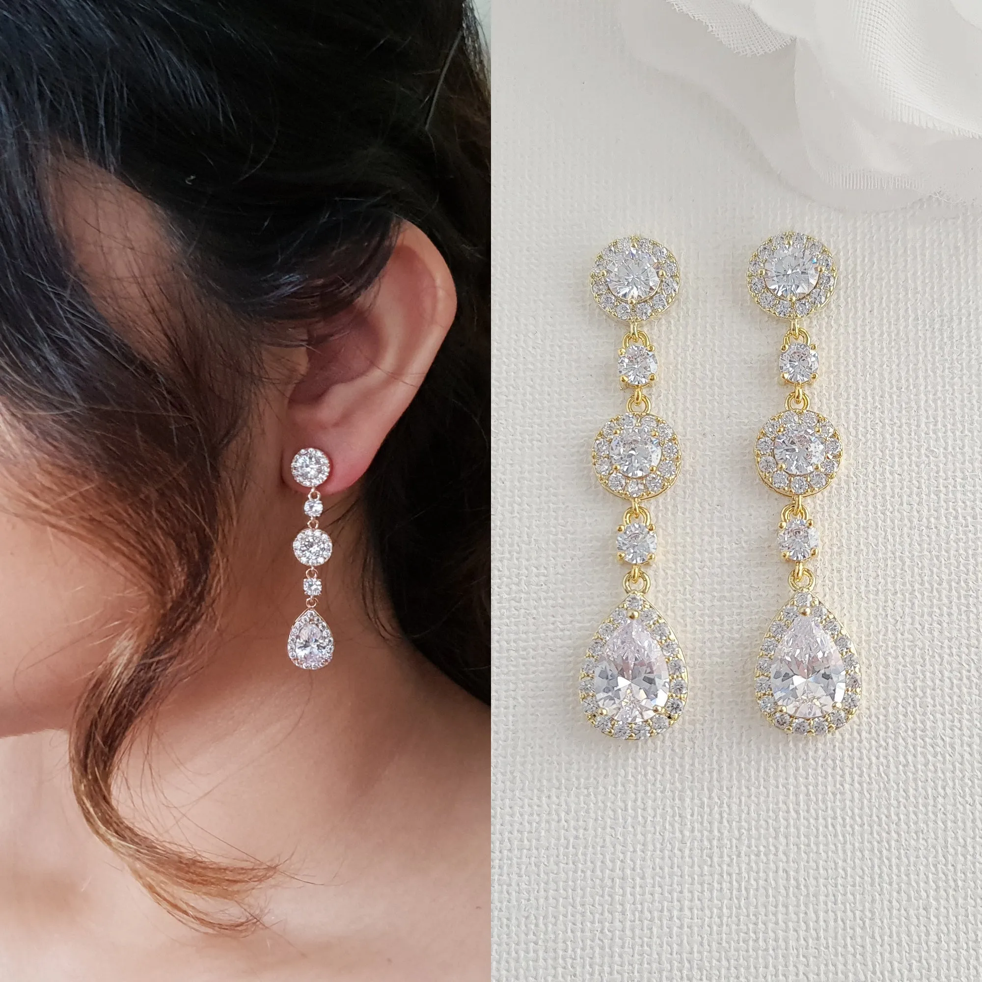 Round Crystal Earrings and Bracelet Set in Gold for Brides-Reagan