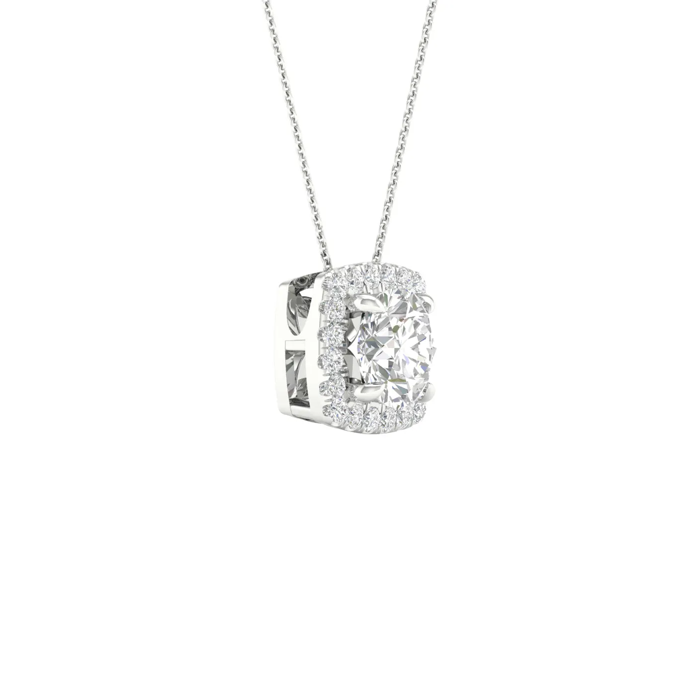 Round Diamond Pendant with Cushion Halo, Chain Included