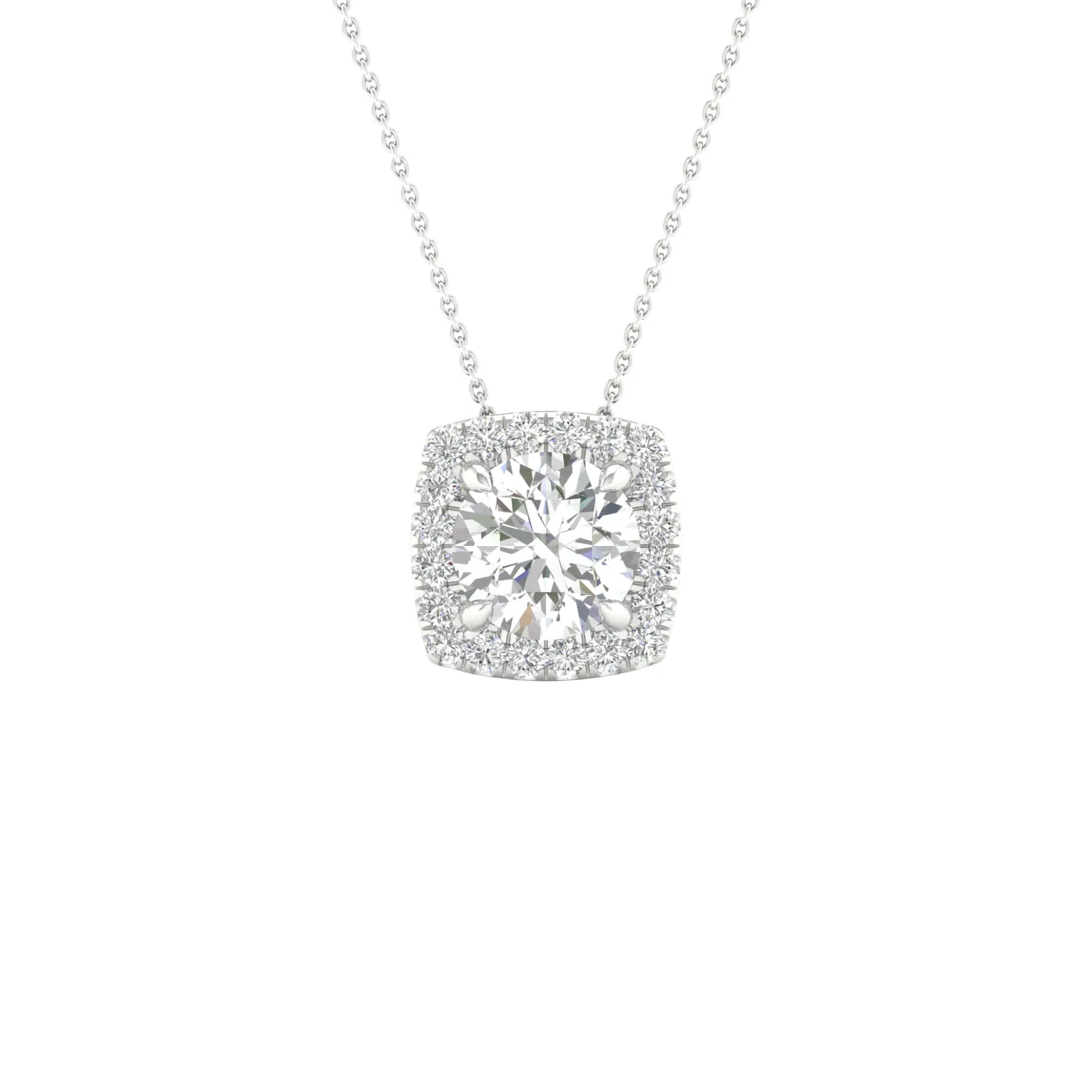 Round Diamond Pendant with Cushion Halo, Chain Included