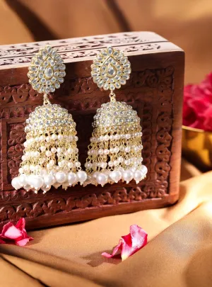 Rubans 24K Gold toned pearl beaded Kundan studded jhumka earrings