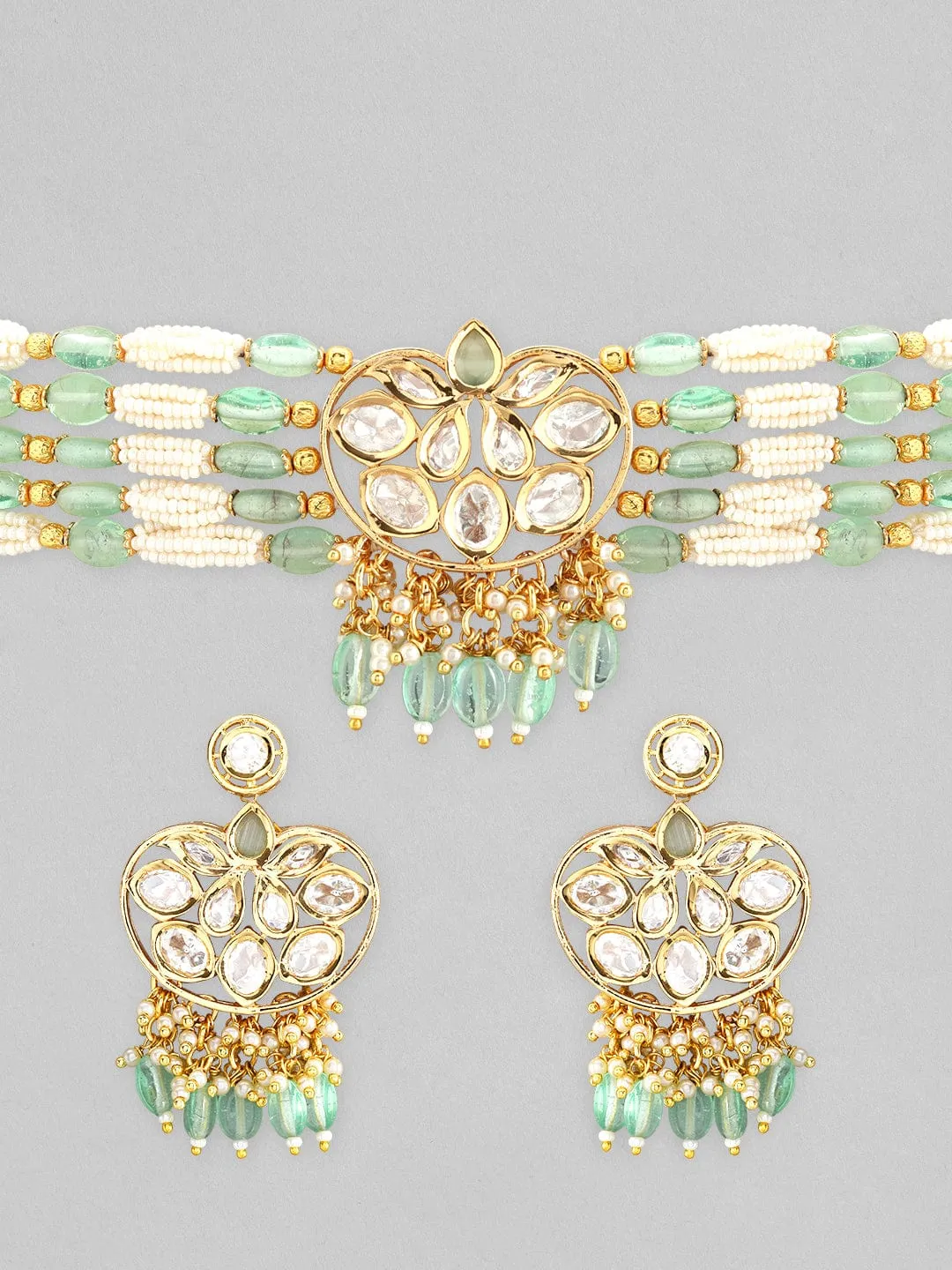 Rubans Gold Plated Kundan Choker Set With White And Mint Green Beads