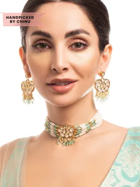 Rubans Gold Plated Kundan Choker Set With White And Mint Green Beads