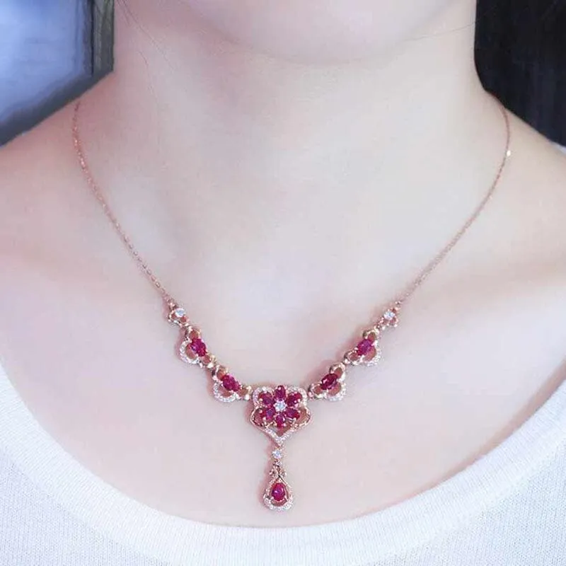 Ruby Elegant Flower Rose Gold Necklace