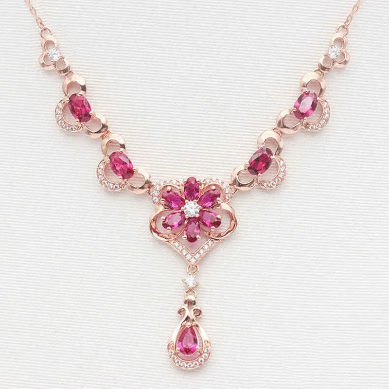 Ruby Elegant Flower Rose Gold Necklace