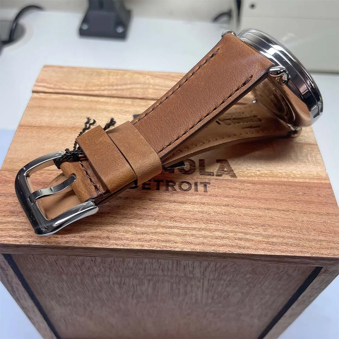 Shinola 47MM Runwell Slate Blue Dial 2-Eye Chronograph British Tan Leather Watch S0120223879