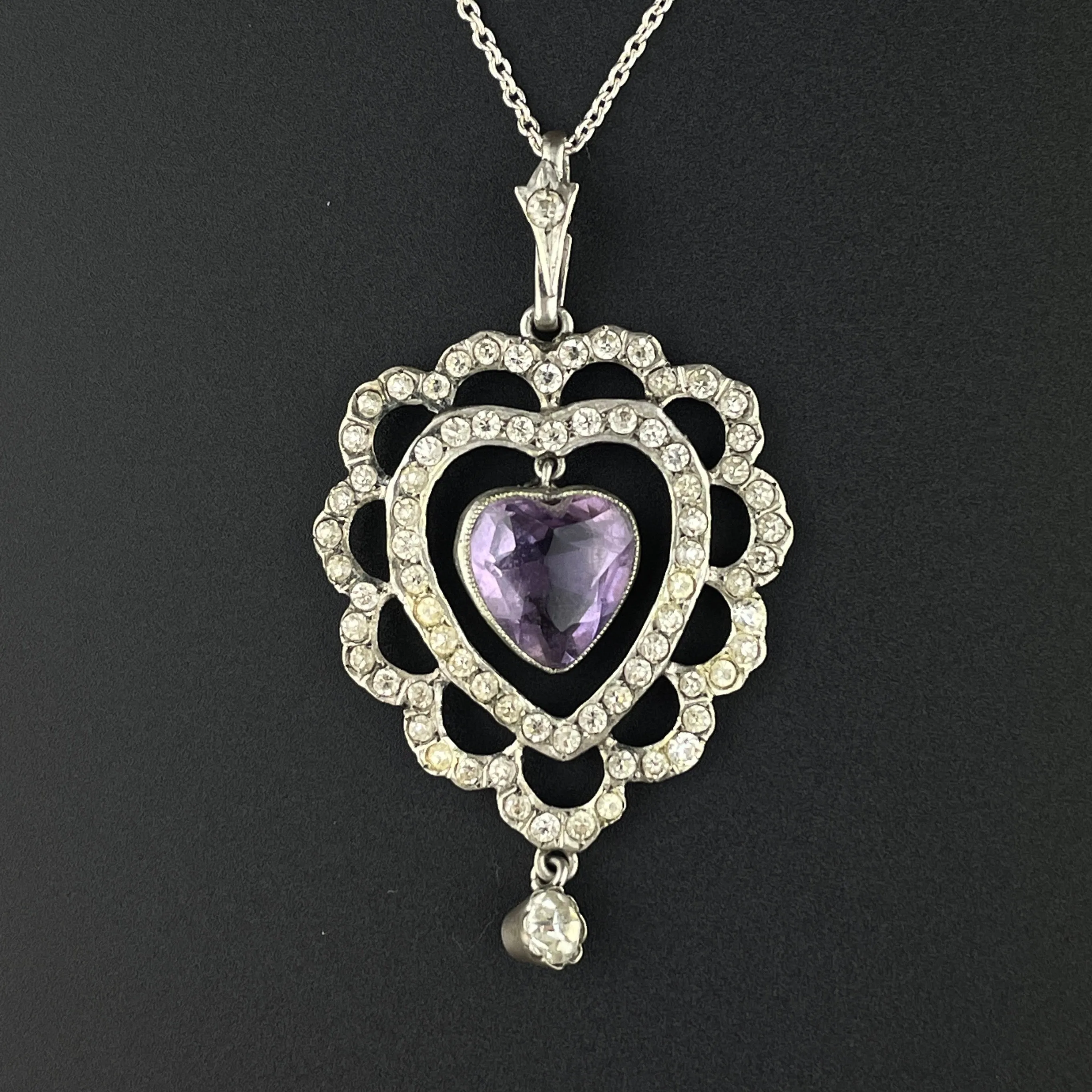 Silver Edwardian Amethyst Diamond Paste Pendant Necklace