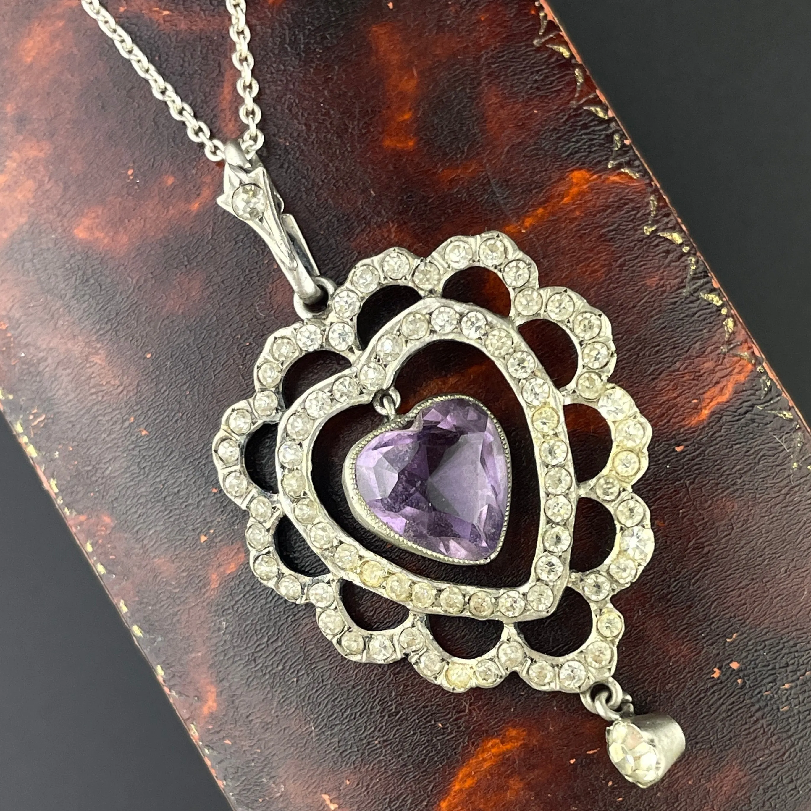 Silver Edwardian Amethyst Diamond Paste Pendant Necklace