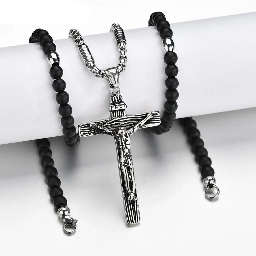 Silver Jesus Christ Crucifix Pendant with Bead Necklace