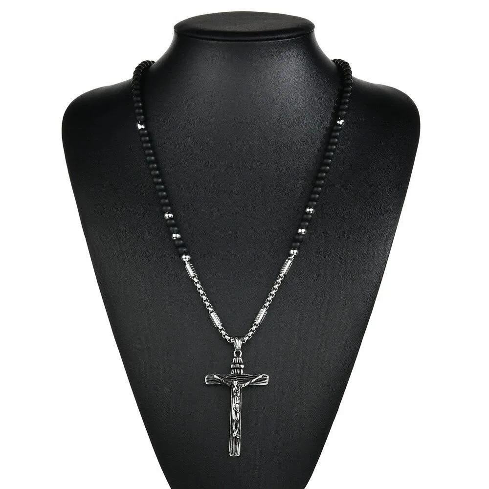 Silver Jesus Christ Crucifix Pendant with Bead Necklace