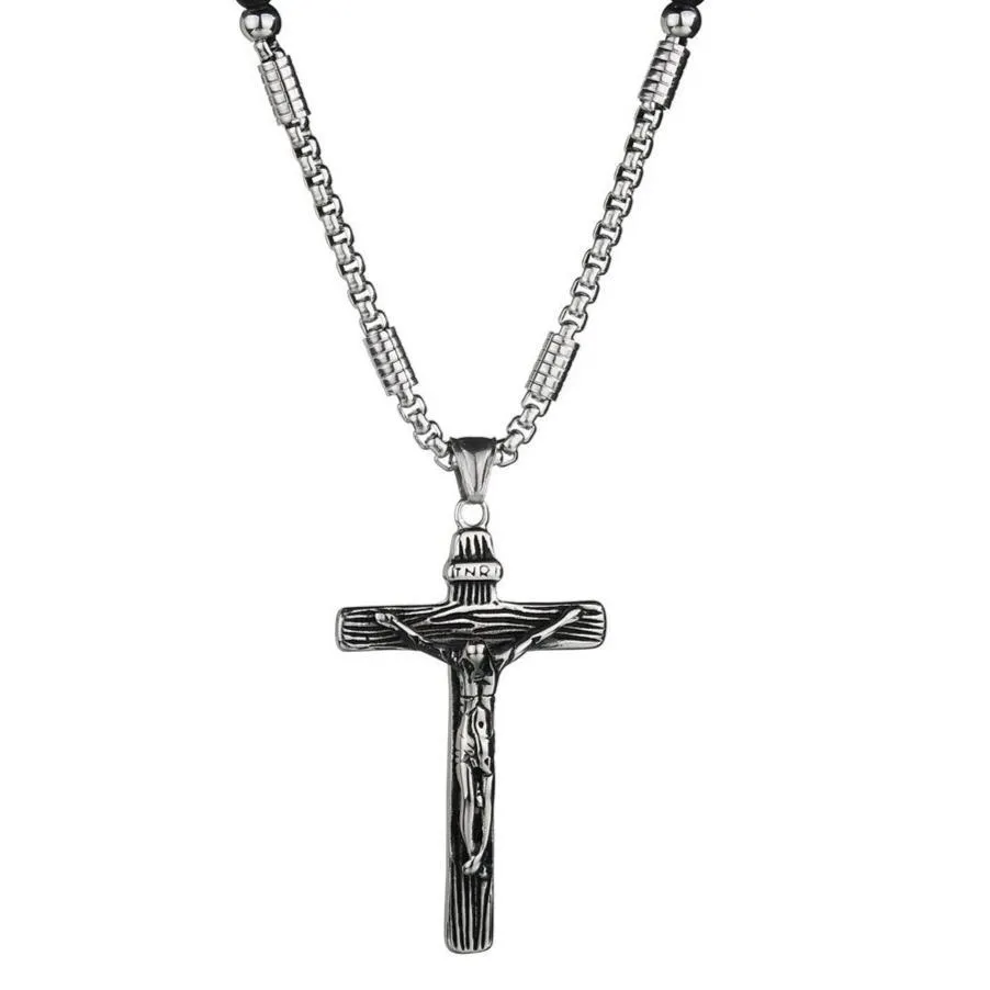 Silver Jesus Christ Crucifix Pendant with Bead Necklace