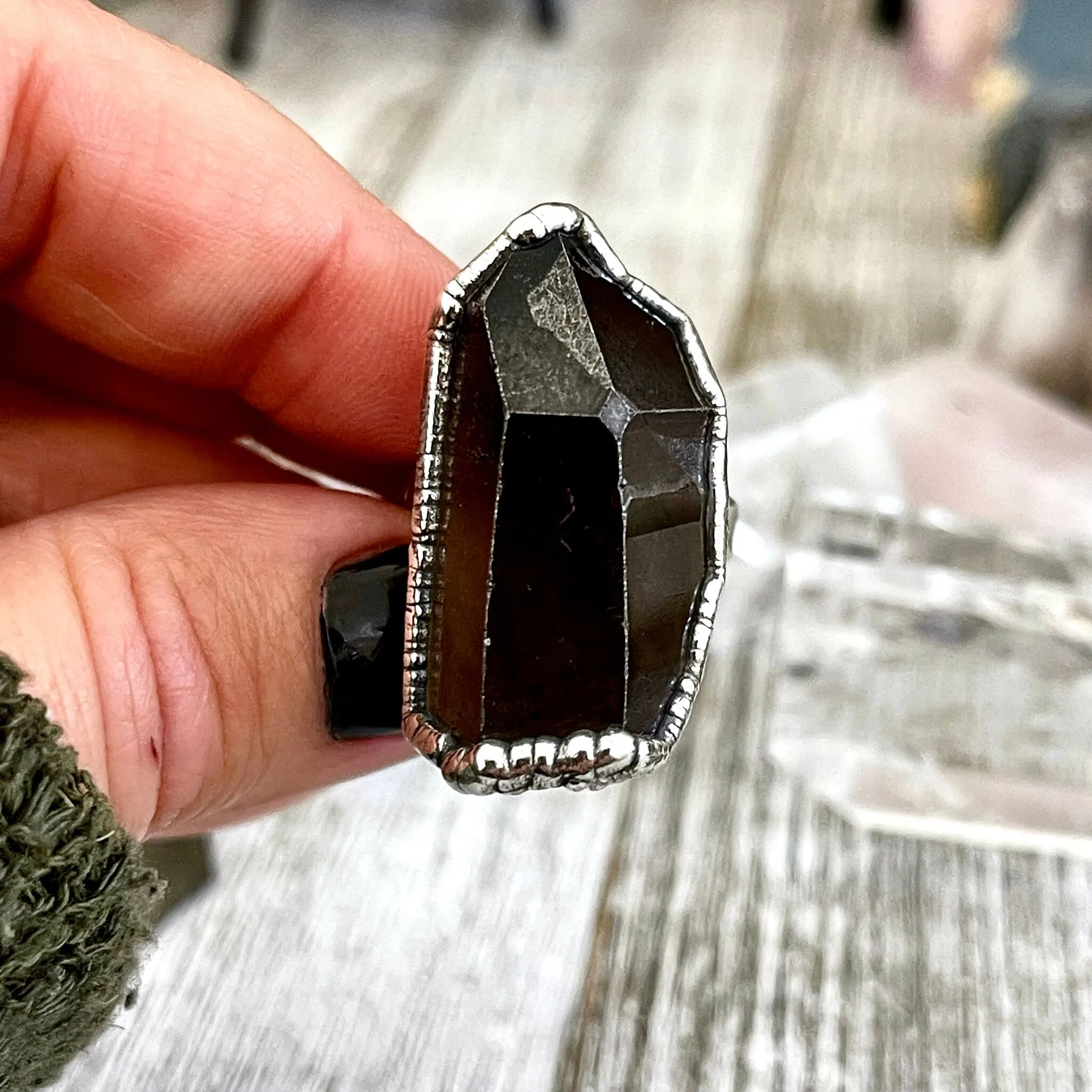 Size 7.5 Raw Smoky Quartz Crystal Cluster Ring Set in Fine Silver / Foxlark Collection - One of a Kind