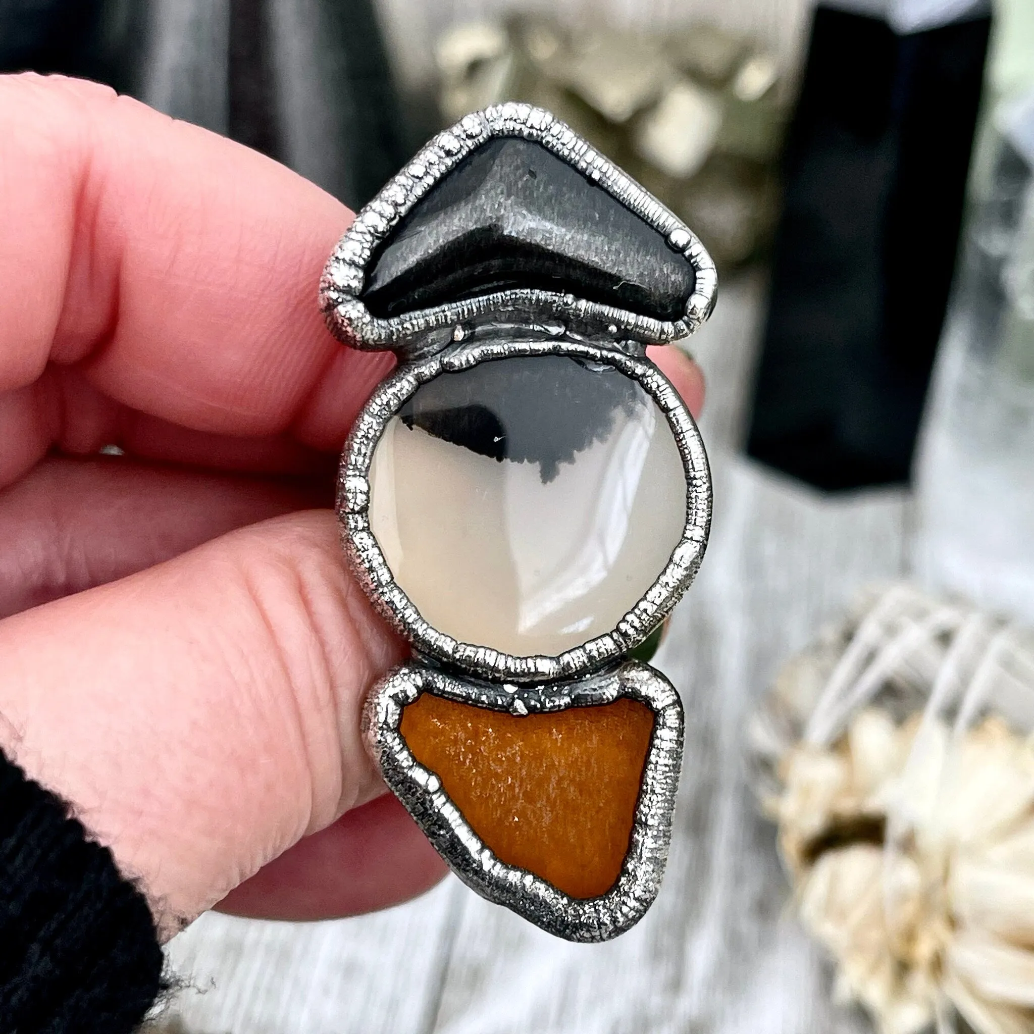 Size 8 Crystal Ring - Three Stone Ring Montana Moss Agate Black Onyx Sea Glass Silver Ring / Foxlark Collection - One of a Kind Jewelry