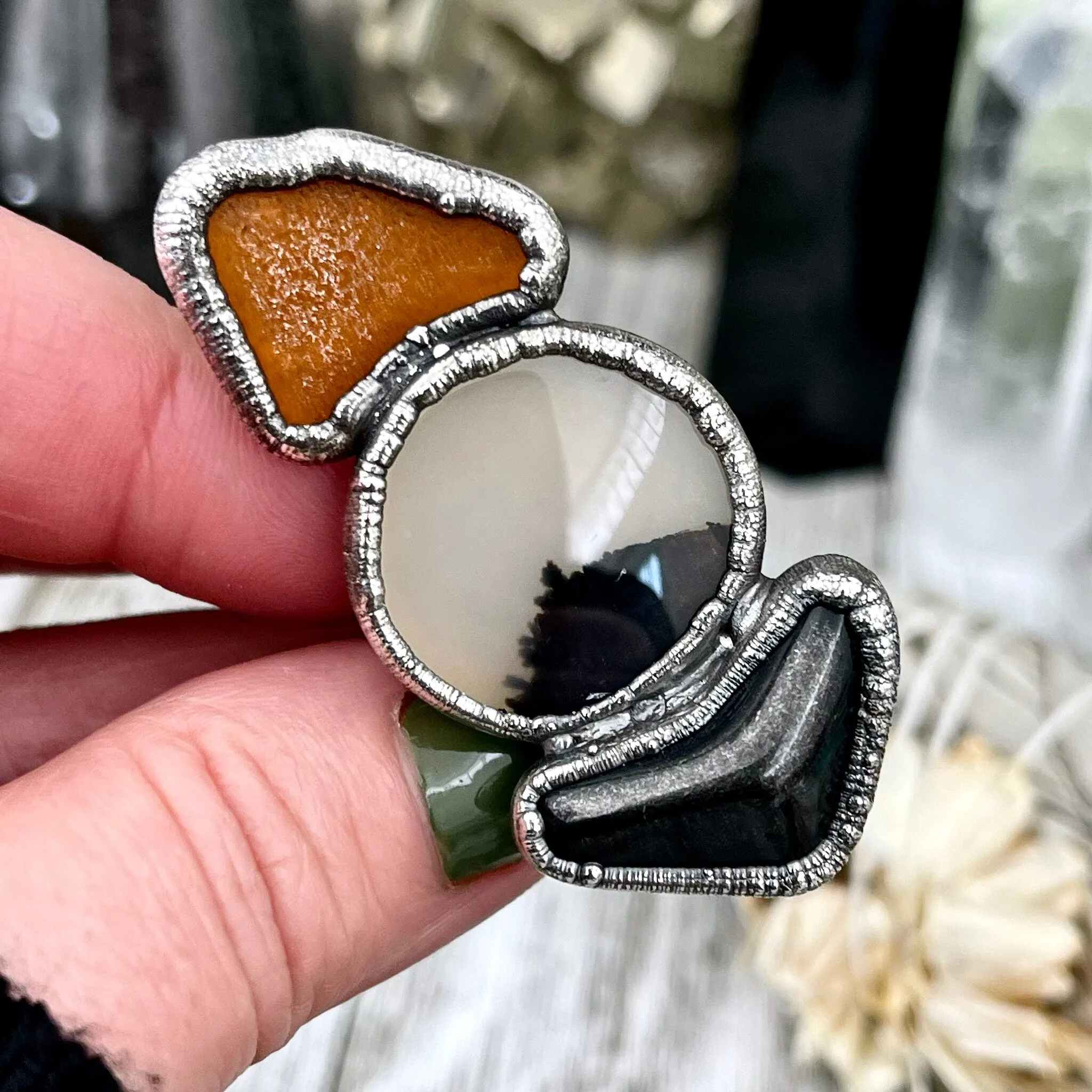 Size 8 Crystal Ring - Three Stone Ring Montana Moss Agate Black Onyx Sea Glass Silver Ring / Foxlark Collection - One of a Kind Jewelry