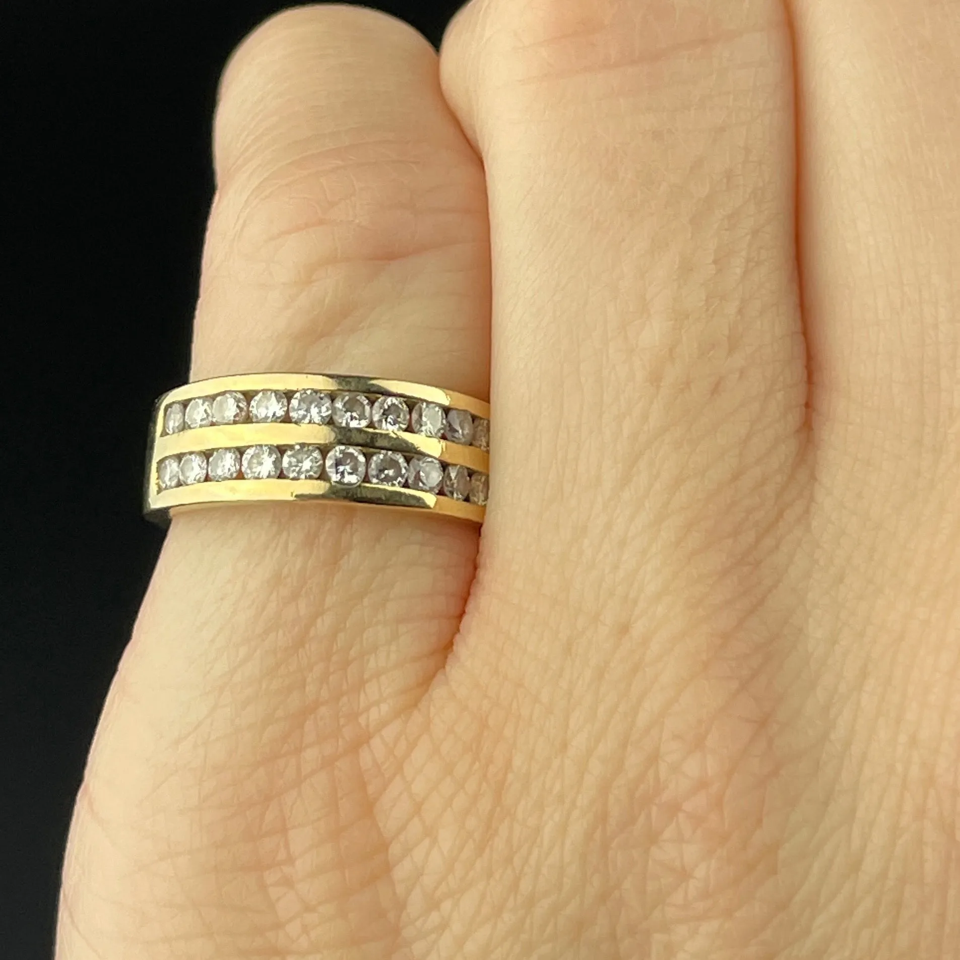 Solid 14K Gold Diamond Two Row Half Eternity Wide Band Ring, Sz 4