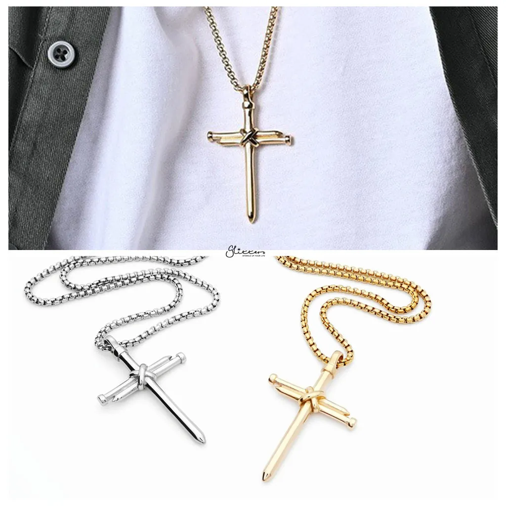 Stainless Steel Nail Rope Cross Pendant - Gold