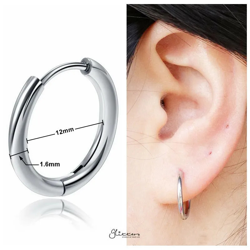 Stainless Steel Round Huggie Hoop Earring - Silver