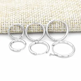 Stainless Steel Round Huggie Hoop Earring - Silver