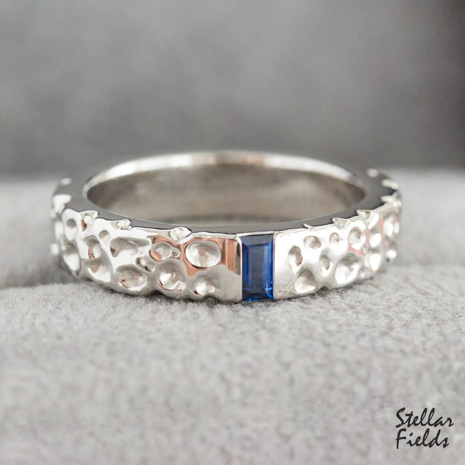 Textured Wedding Band Cornflower Blue Sapphire Modern Unique OOAK