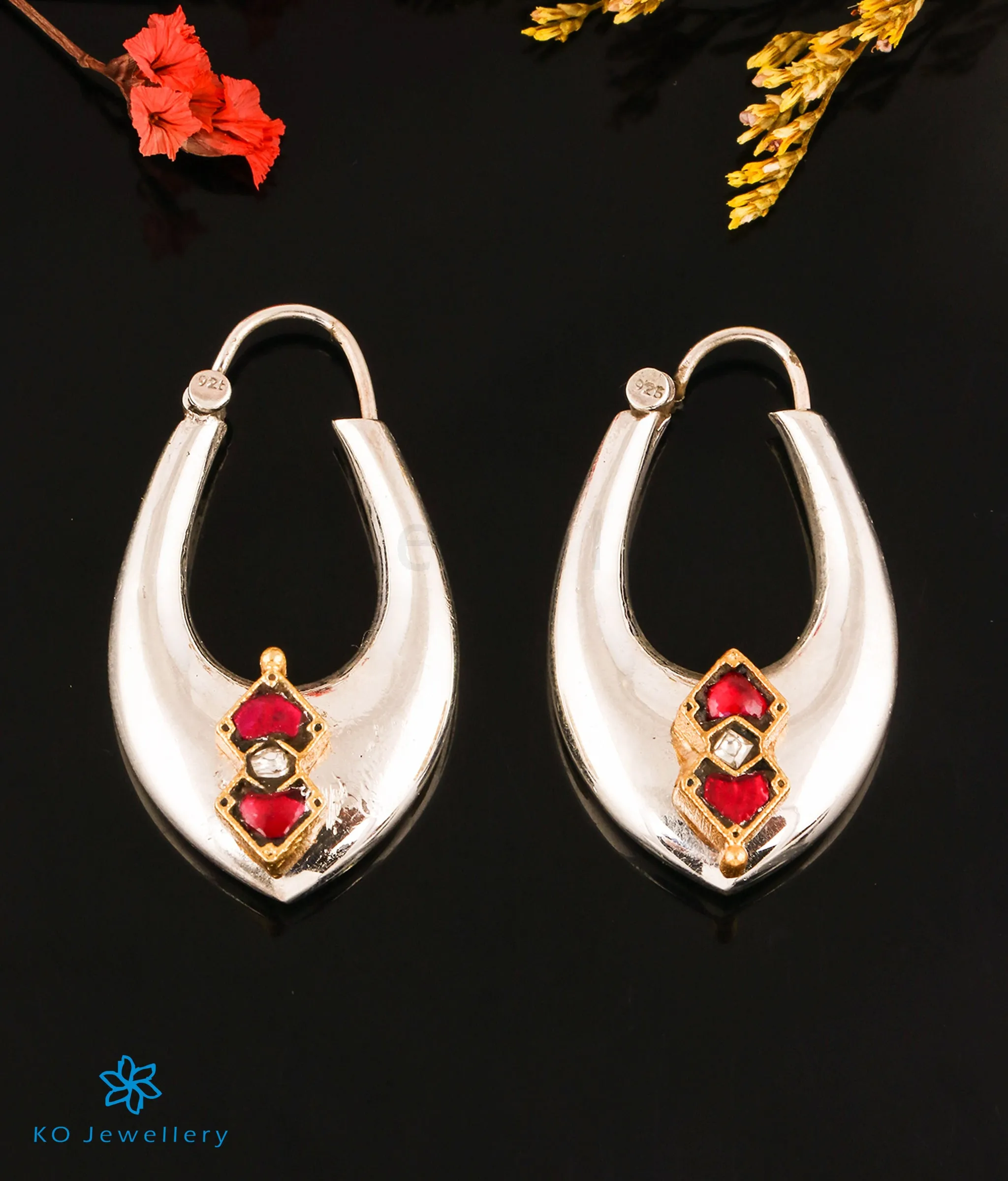 The Ruchira Silver Polki Hoops (Red/White)