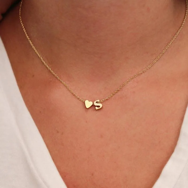 Tiny Heart and Initial Letter Pendant Necklace