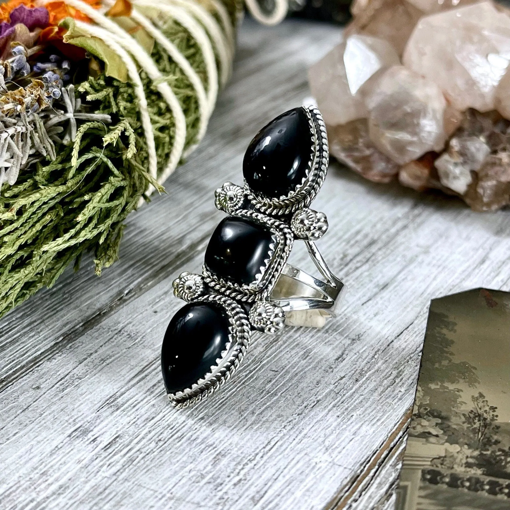 Triple Stone Black Onyx Ring in Solid Sterling Silver- Designed by FOXLARK Collection Size 5 6 7 8 9 10 11 / Big Crystal Ring Witchy Jewelry