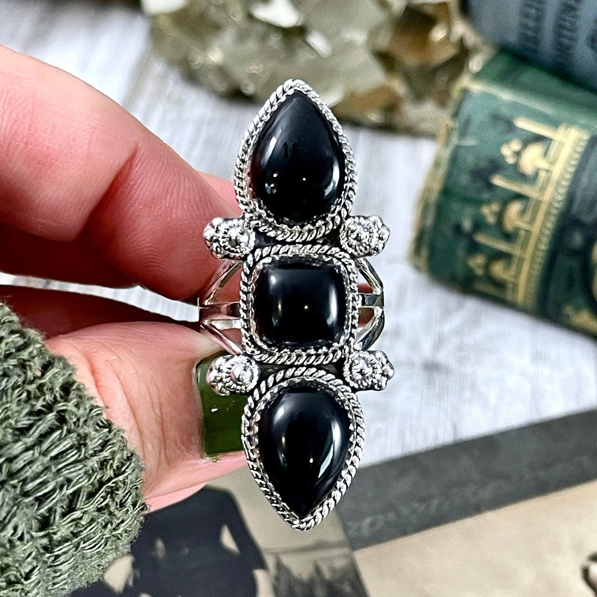 Triple Stone Black Onyx Ring in Solid Sterling Silver- Designed by FOXLARK Collection Size 5 6 7 8 9 10 11 / Big Crystal Ring Witchy Jewelry