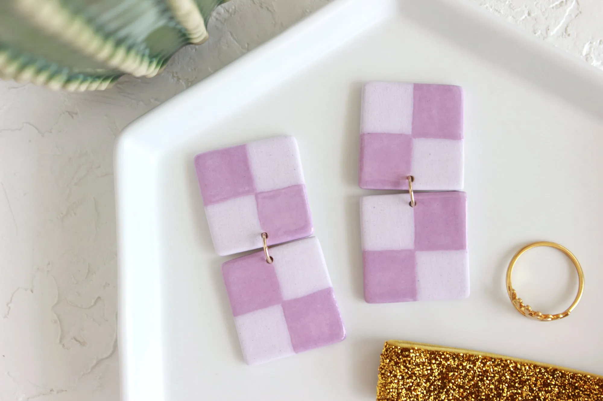 Two Tone Checkered Statement Earrings