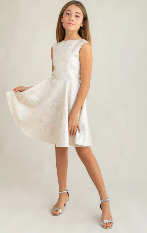 Un Deux Trois ivory silver cap sleeve dress