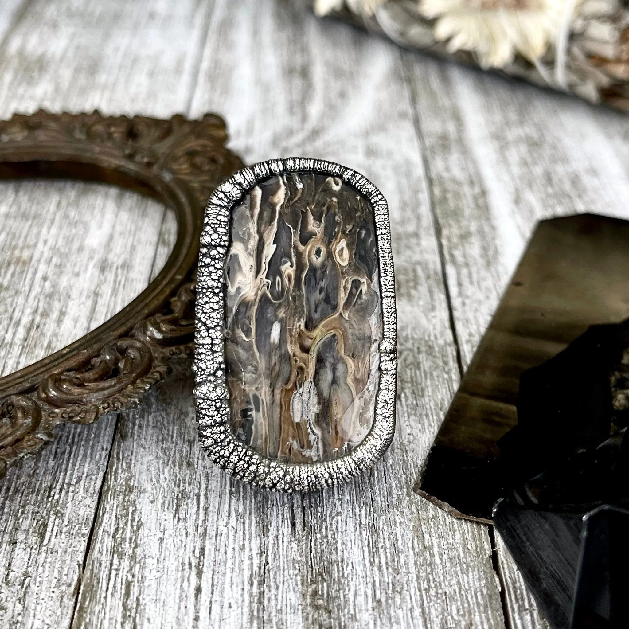 Unique Size 8 Large Fossilized Palm Root Statement Ring in Fine Silver / Foxlark Collection - One of a Kind