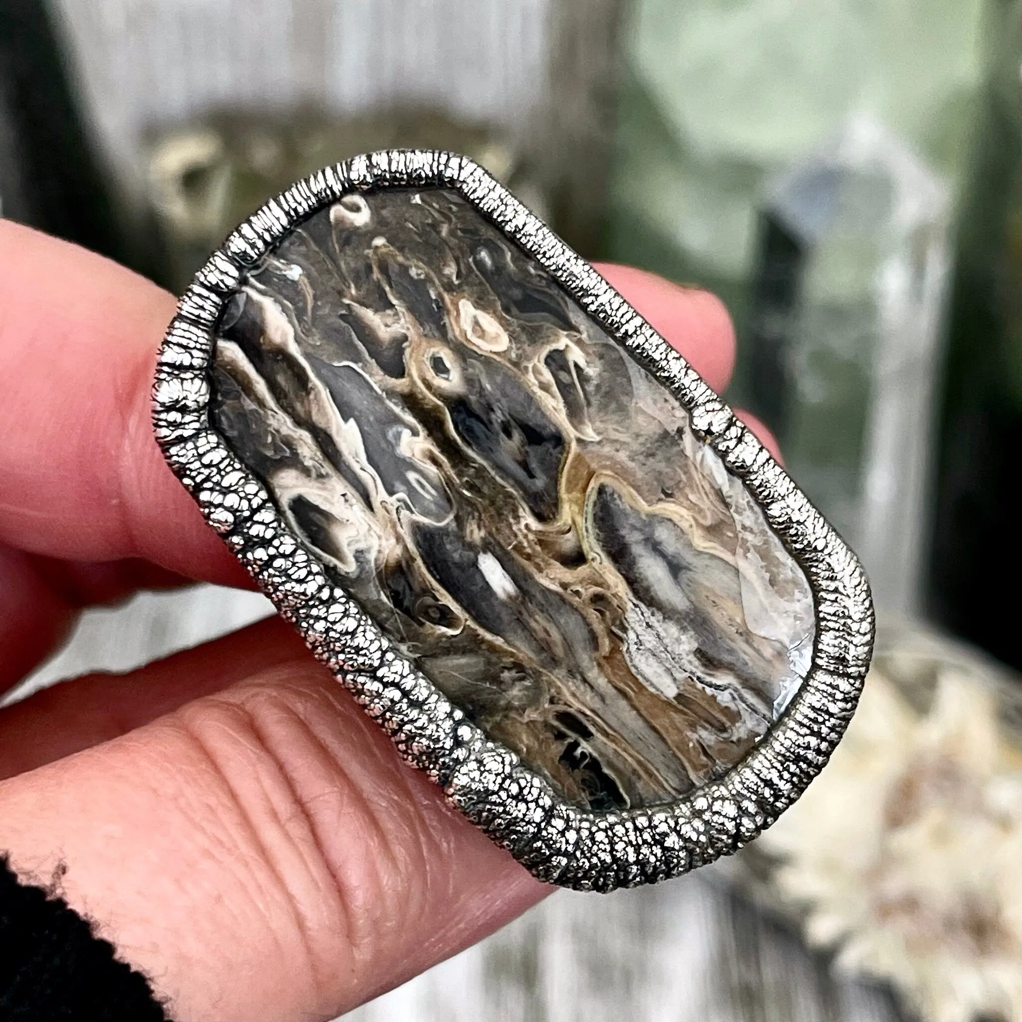 Unique Size 8 Large Fossilized Palm Root Statement Ring in Fine Silver / Foxlark Collection - One of a Kind