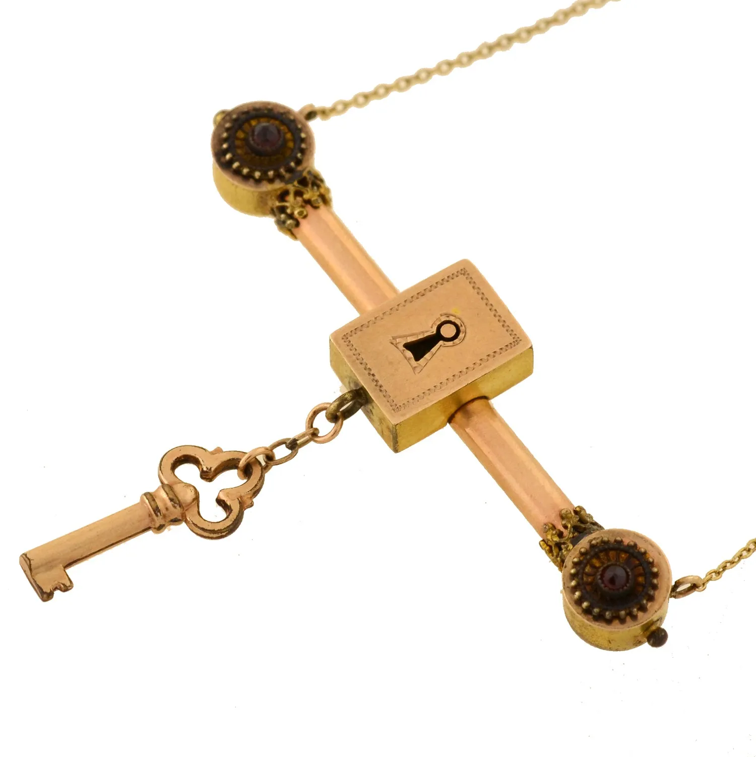 Victorian Gold-Filled Garnet Padlock   Key Necklace 16"