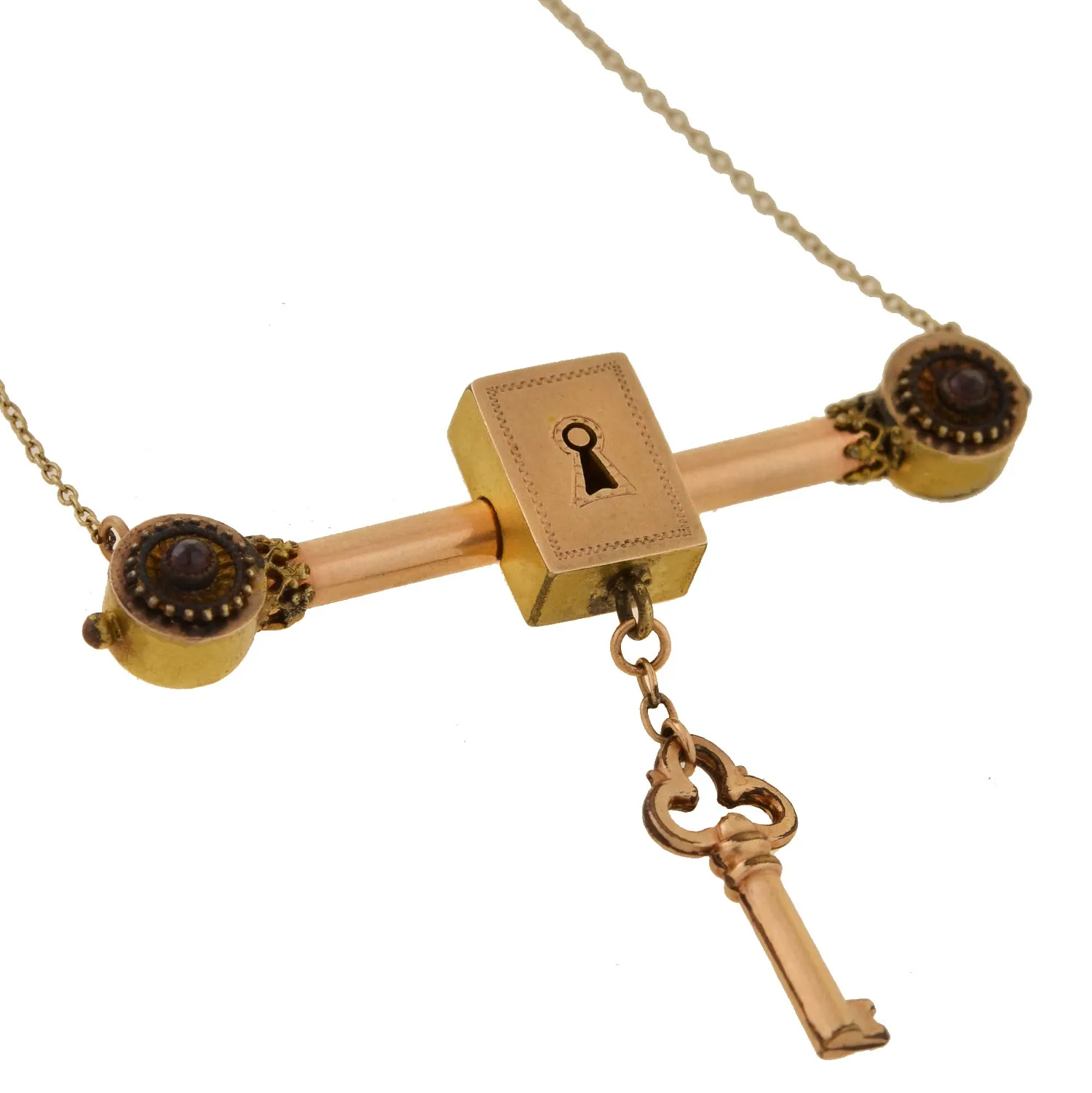 Victorian Gold-Filled Garnet Padlock   Key Necklace 16"