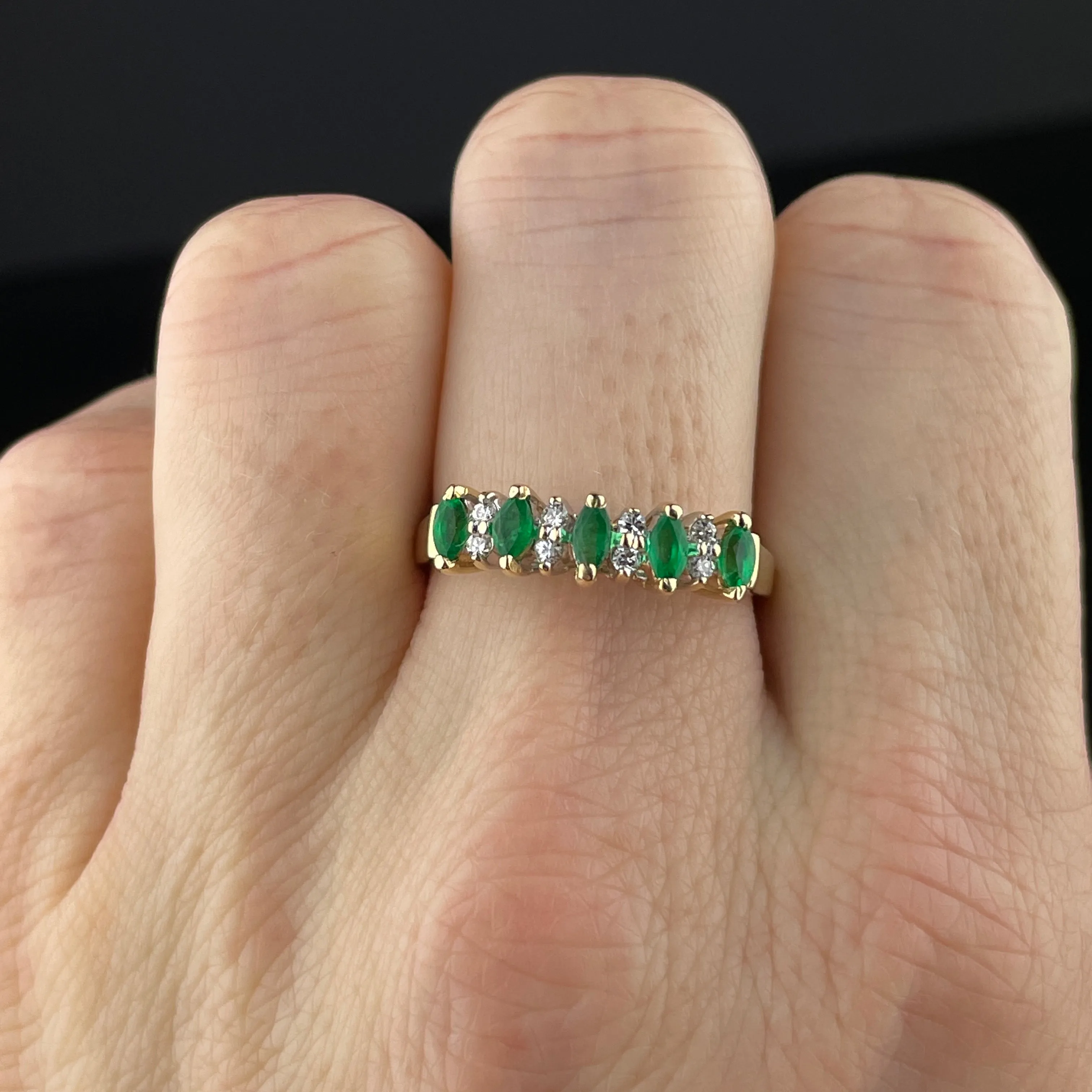 Vintage 14K Gold Diamond Emerald Half Eternity Band Ring, Sz 8 3/4