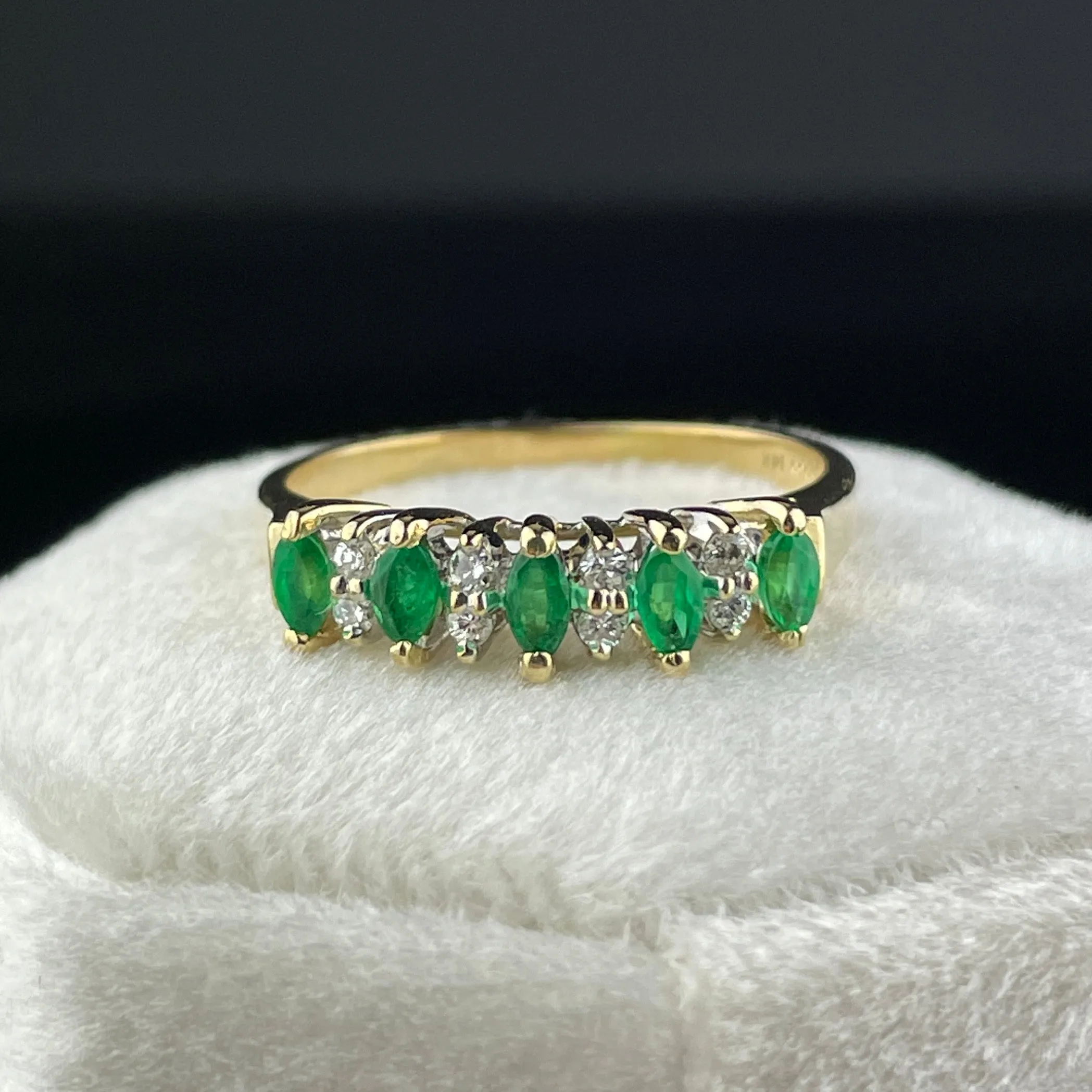 Vintage 14K Gold Diamond Emerald Half Eternity Band Ring, Sz 8 3/4