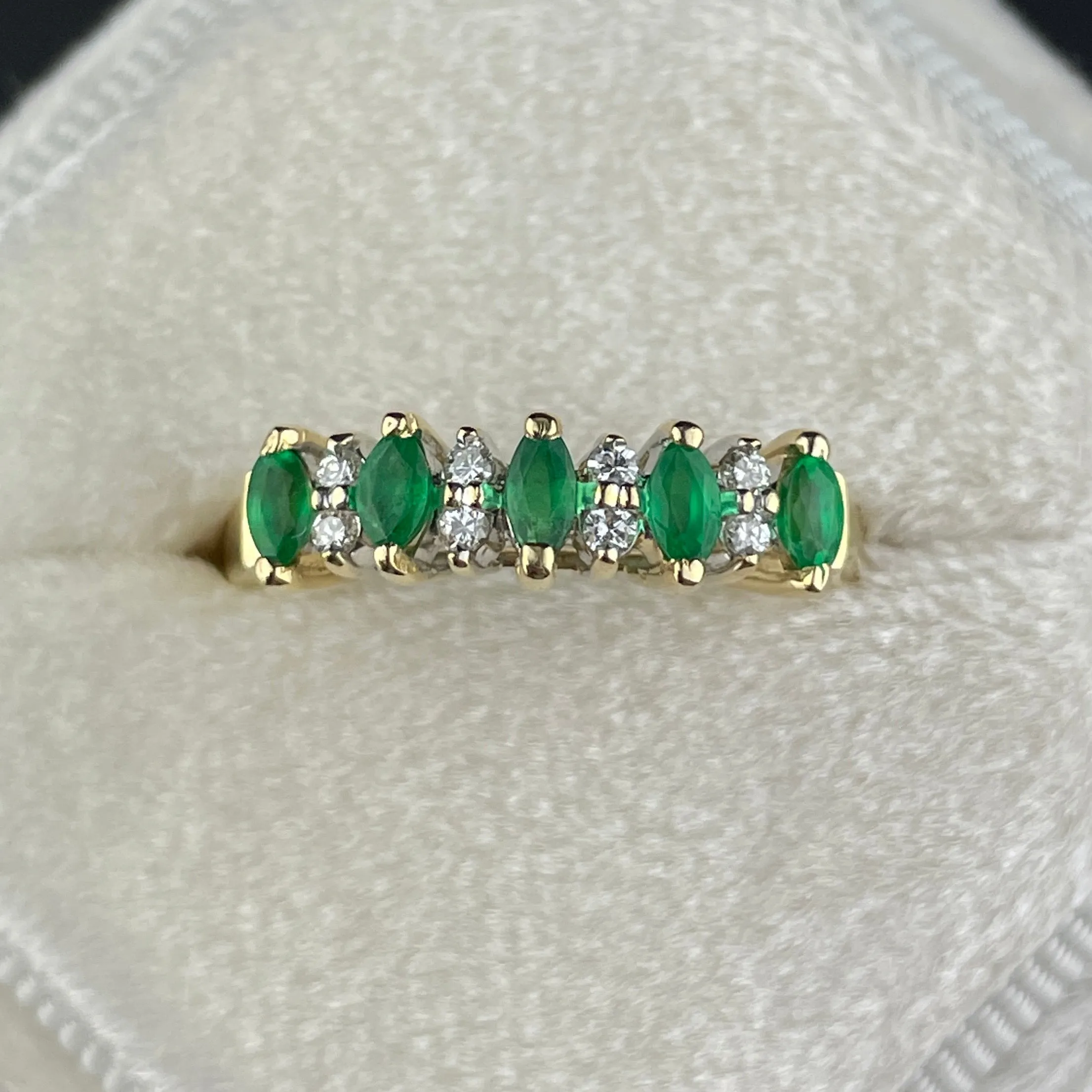 Vintage 14K Gold Diamond Emerald Half Eternity Band Ring, Sz 8 3/4