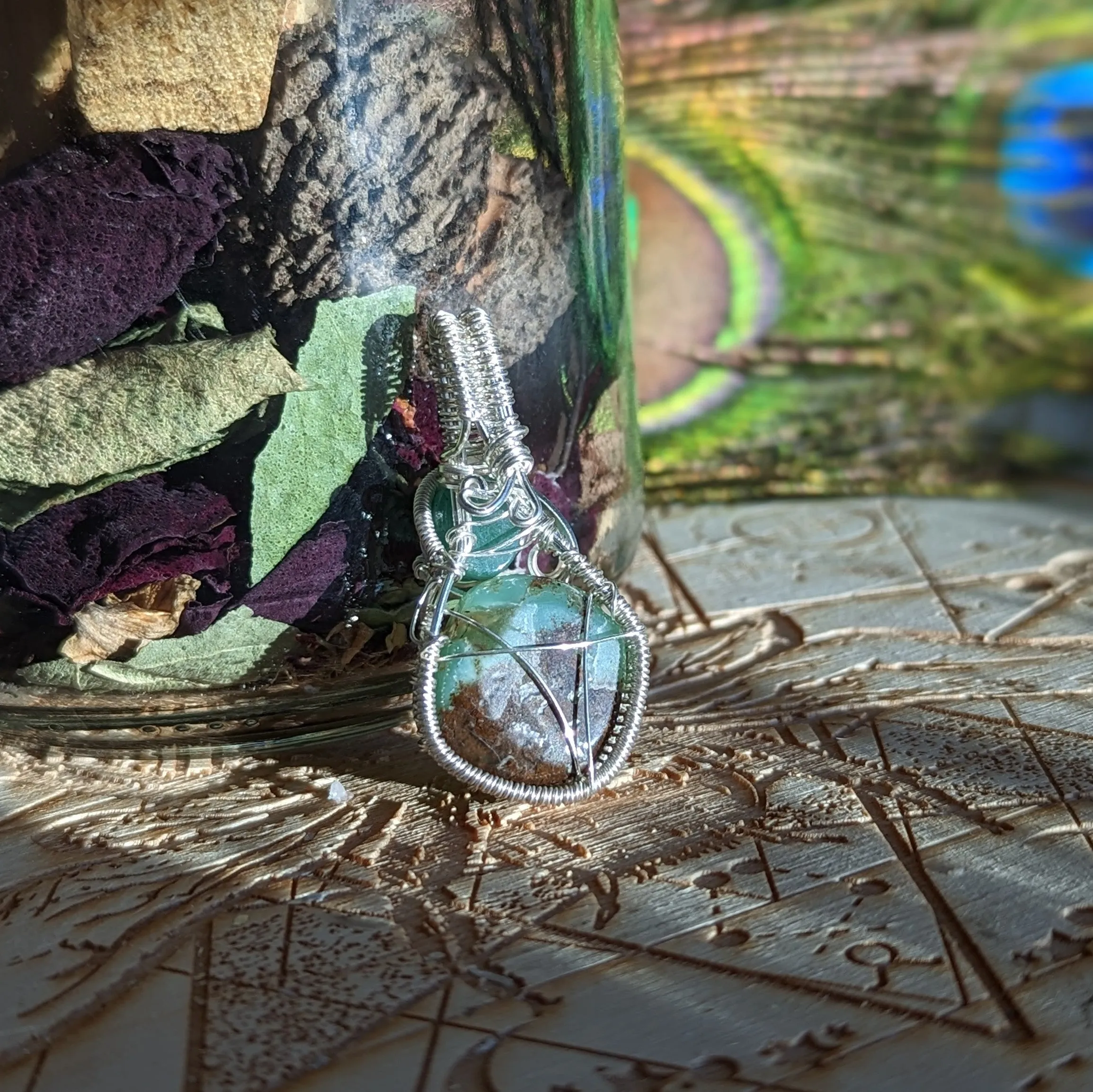 Wire Wrapped Pendant~ Chrysoprase with Aventurine~ Silver Chain Included