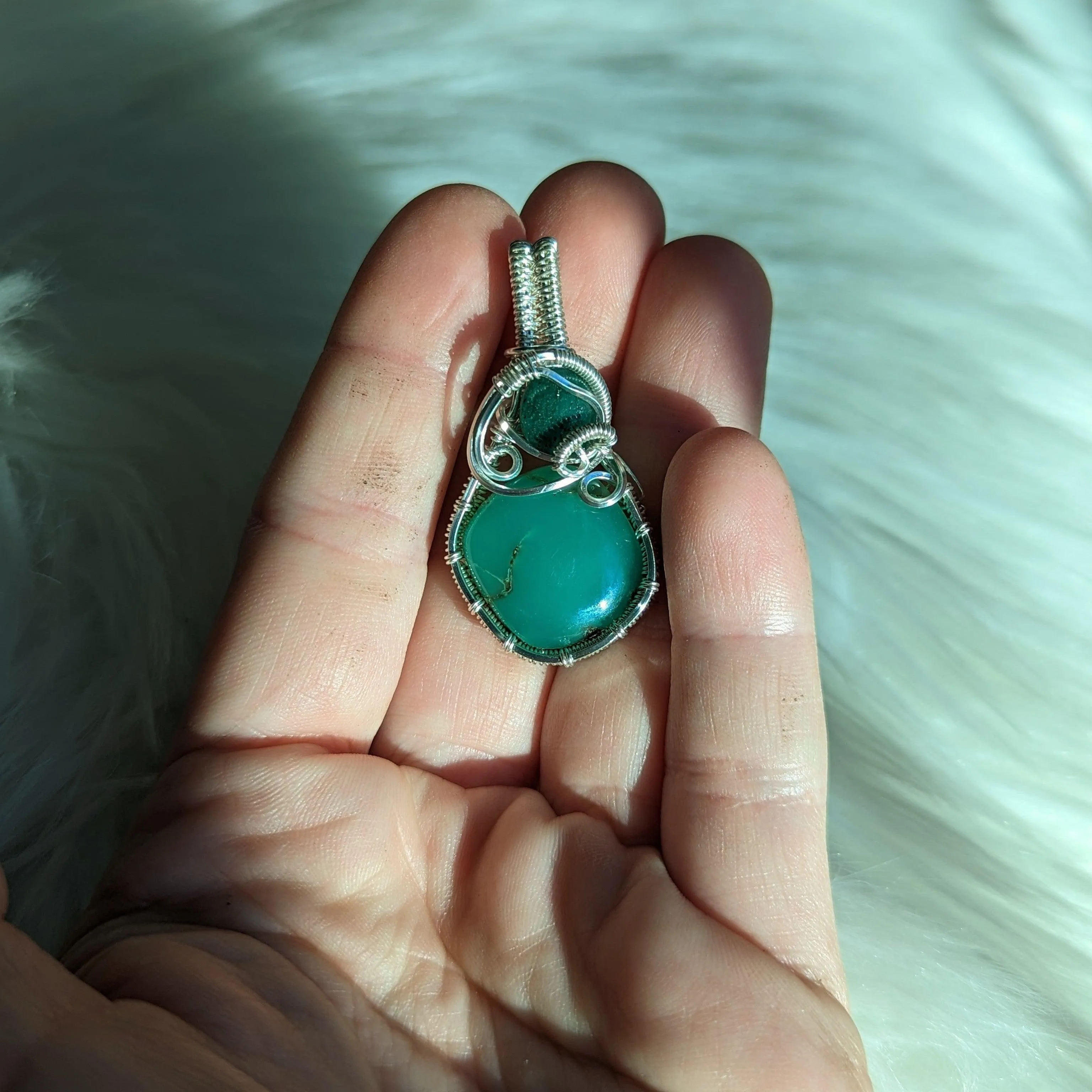 Wire Wrapped Pendant~ Chrysoprase with Aventurine~ Silver Chain Included